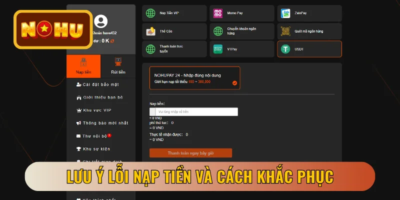 Lưu ý lỗi nạp tiền và cách khắc phục